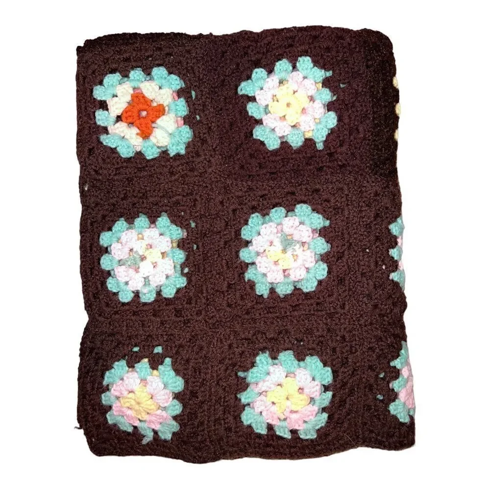 Vintage Handmade Brown Multicolor Granny Square Crochet Blanket Throw Afgan EUC